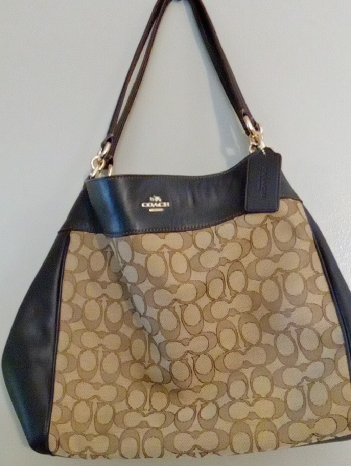Coach Brown Signature Canvas & Black Leather Shoulder Bag